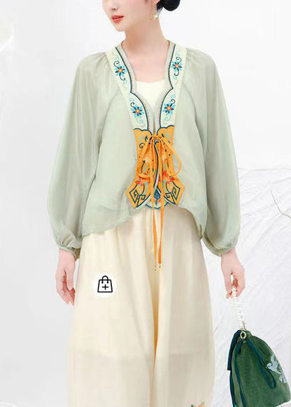 Original Design Pink Print Lace Up Chiffon Cardigans Lantern Sleeve