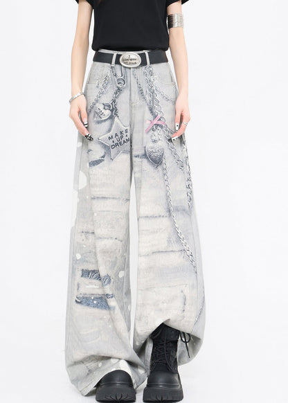 Original Design Print High Waist Denim Wide Leg Pants Fall