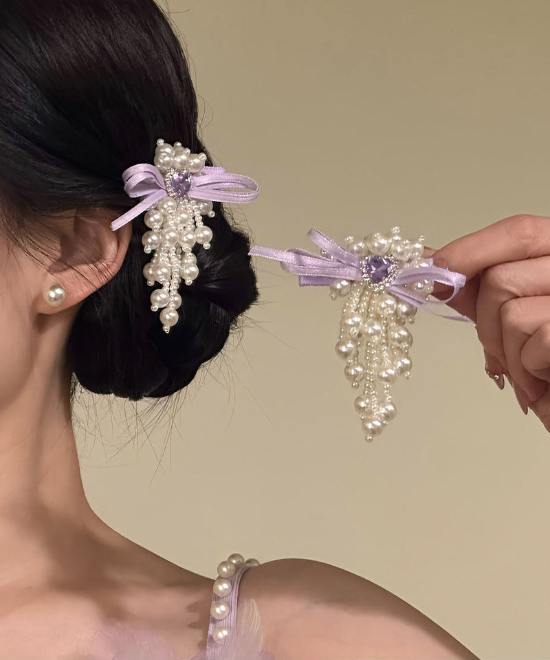 Original Design Purple Cloth Zircon Pearl Bow Hairpin