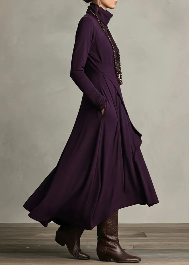 Original Design Purple Turtleneck Pockets Cotton Maxi Dress Spring