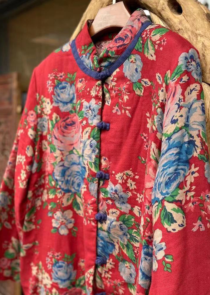 Original Design Red Print Pockets Fine Cotton Filled Coat Winter