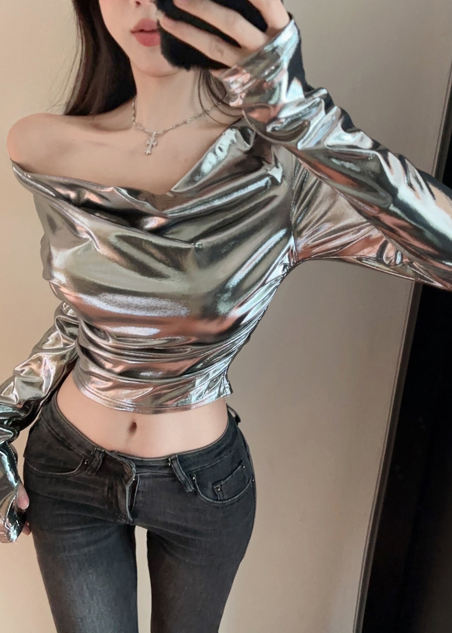 Original Design Silvery Turtle Neck Sexy Tops Spring