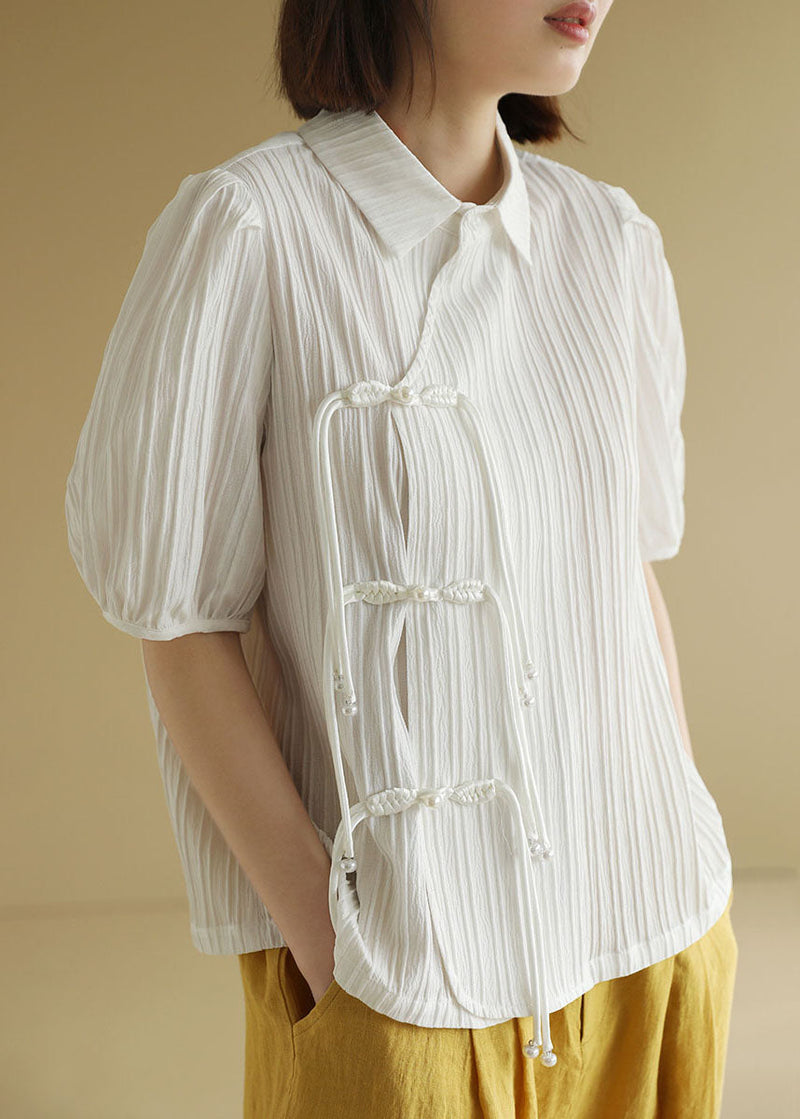 Original Design White Peter Pan Collar Wrinkled Oriental Button Chiffon Top Short Sleeve