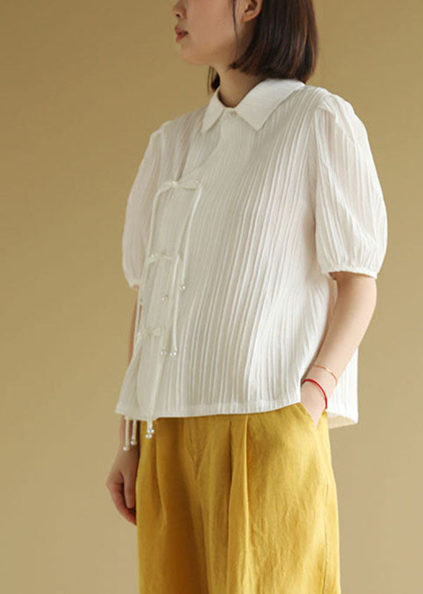 Original Design White Peter Pan Collar Wrinkled Oriental Button Chiffon Top Short Sleeve