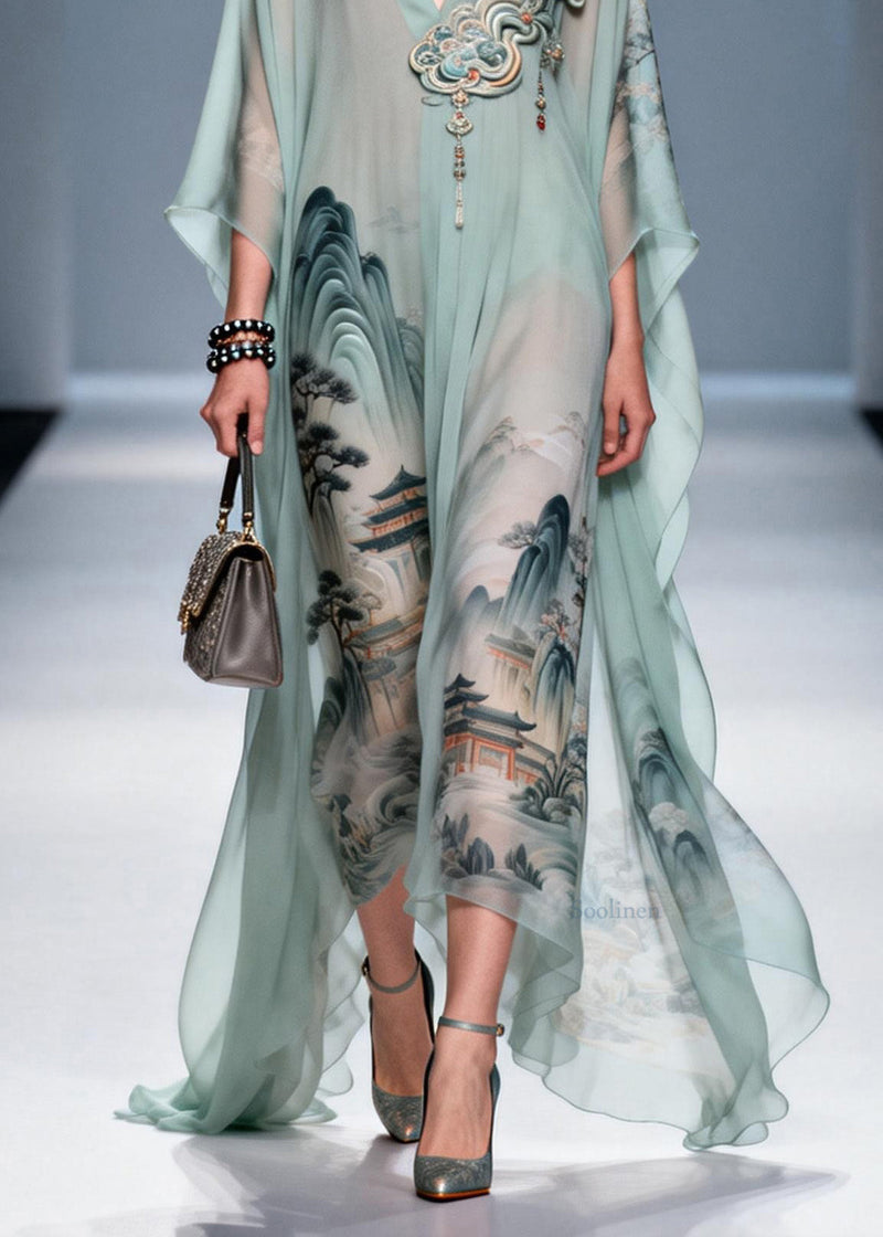 Original Design V Neck Print Chiffon Maxi Dress Summer