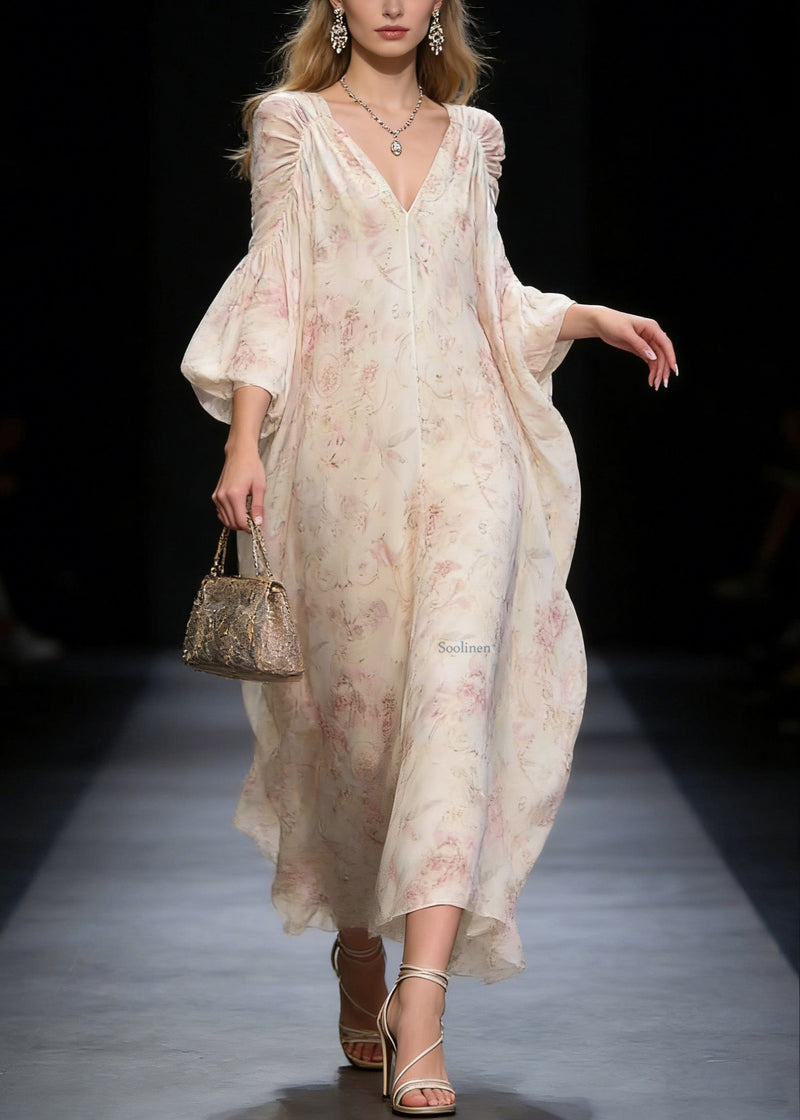Original Design V Neck Print Wrinkled Chiffon Long Dress Spring