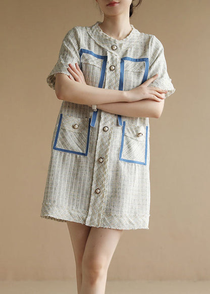 Original Design White O-neck Plaid Print Button Cotton Dress Short Sleeve