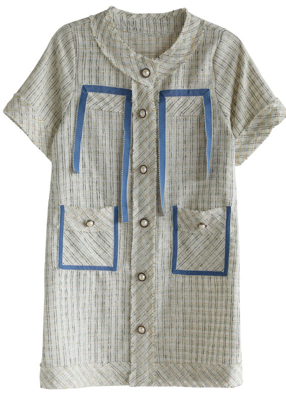 Original Design White O-neck Plaid Print Button Cotton Dress Short Sleeve