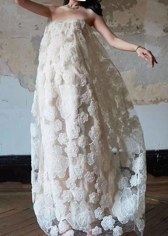Original Design White Off the Shoulder Flower Tulle Long Dress