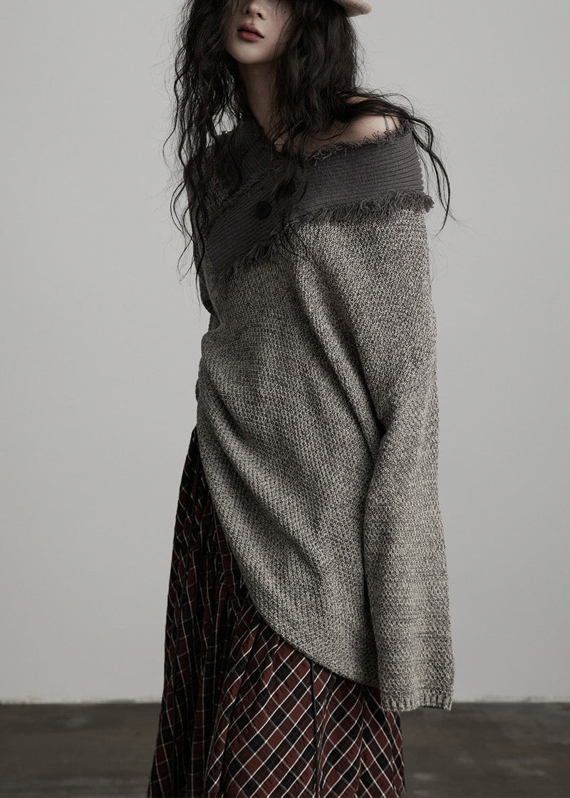 Original Design Winter Irregular Large Collar Light Grey Knitted Sweater