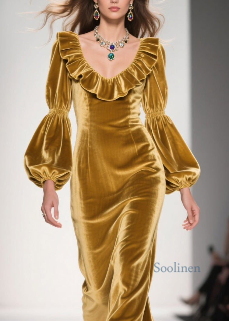 Original Design Yellow Ruffled Patchwork Velvet Long Dress Spring