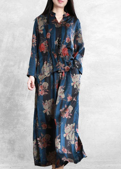 Original Chiffon Blue Print Set Loose V-neck Top + Wide Leg Pants