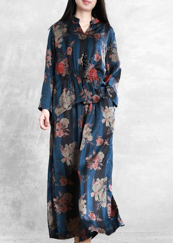 Original Chiffon Blue Print Set Loose V-neck Top + Wide Leg Pants