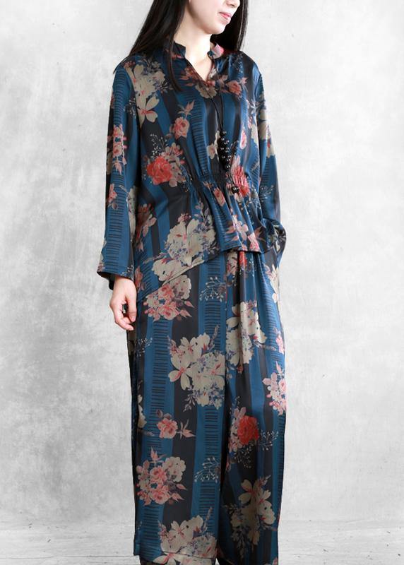 Original Chiffon Blue Print Set Loose V-neck Top + Wide Leg Pants
