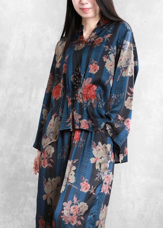 Original Chiffon Blue Print Set Loose V-neck Top + Wide Leg Pants