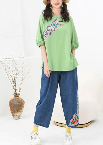 Original Green O-neck Embroideried Cotton T Shirts Summer