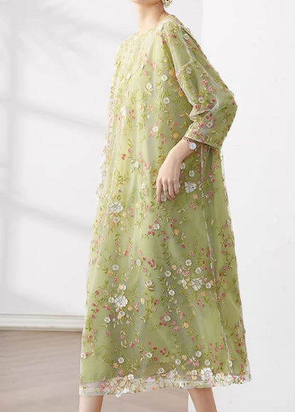 Original Green O-neck Embroidered Patchwork Tulle Dress Fall