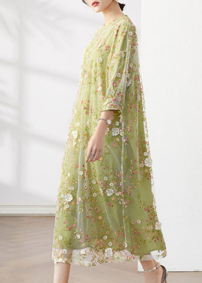 Original Green O-neck Embroidered Patchwork Tulle Dress Fall