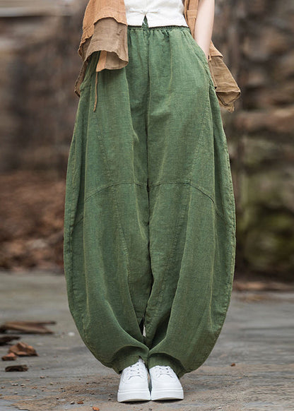Grace Green Pockets Elastic Waist Patchwork Linen Pants Summer