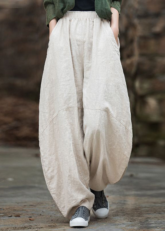 Grace Black Texture Pockets Elastic Waist Patchwork Linen Pants Summer