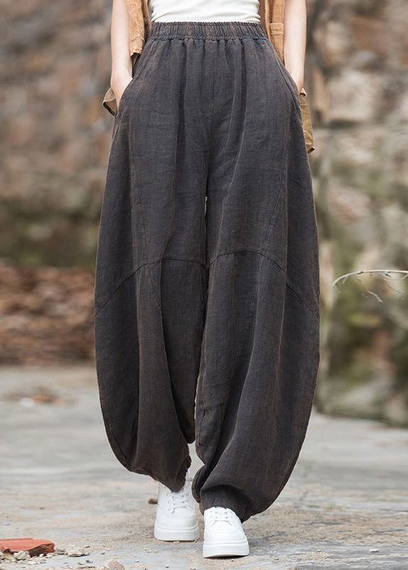 Grace Black Texture Pockets Elastic Waist Patchwork Linen Pants Summer