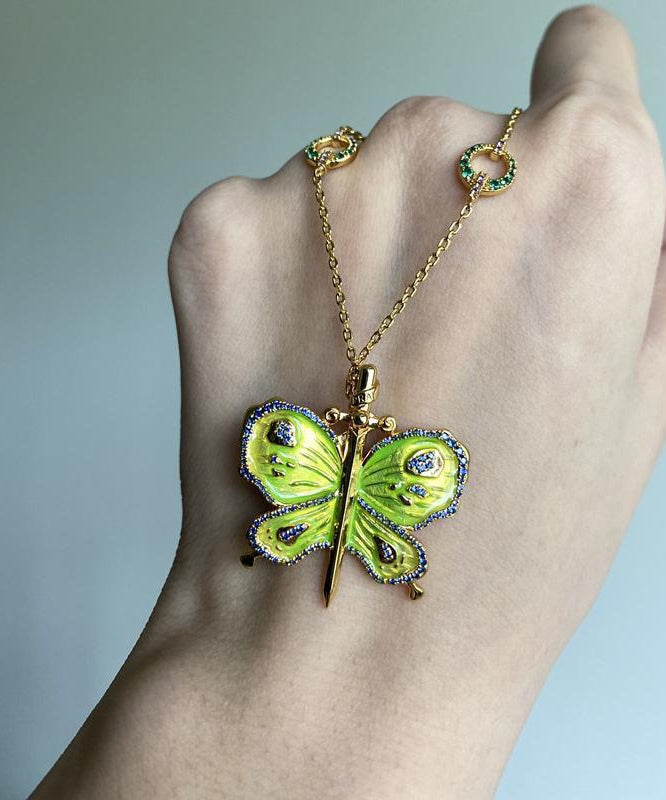 Original Green Sterling Silver Overgild Enamel Butterfly Pendant Necklace Qj004