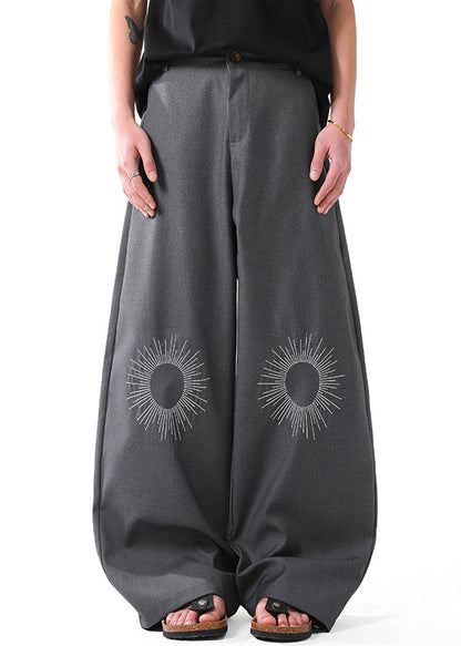 Original Grey Embroideried High Waist Cotton Pants Summer