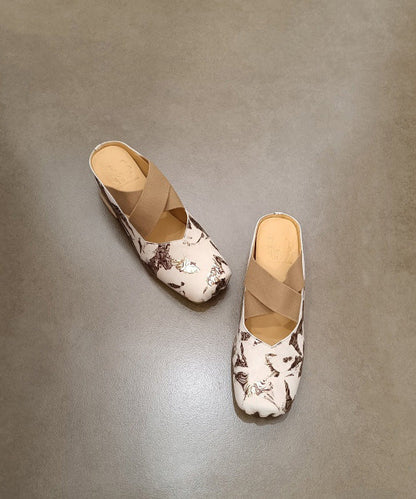Original Handmade Beige Chunky Heel Cowhide Leather Print Slide Sandals