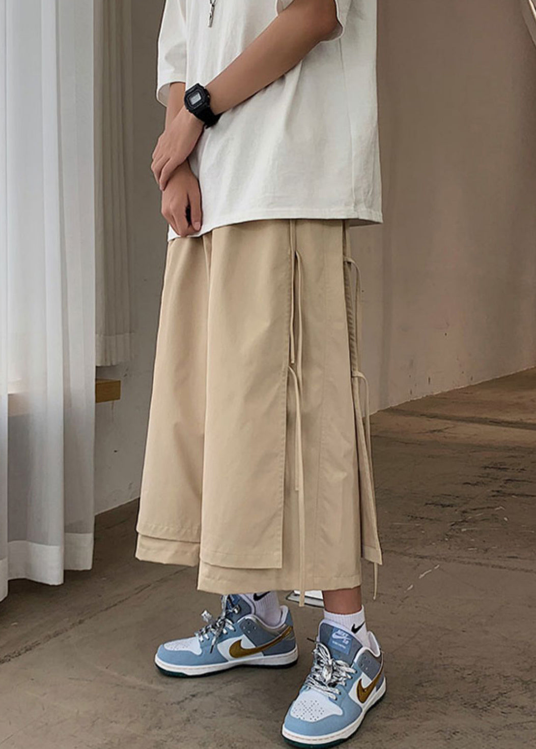 Original Khaki Lace Up False Two Pieces Cotton Crop Pants Summer