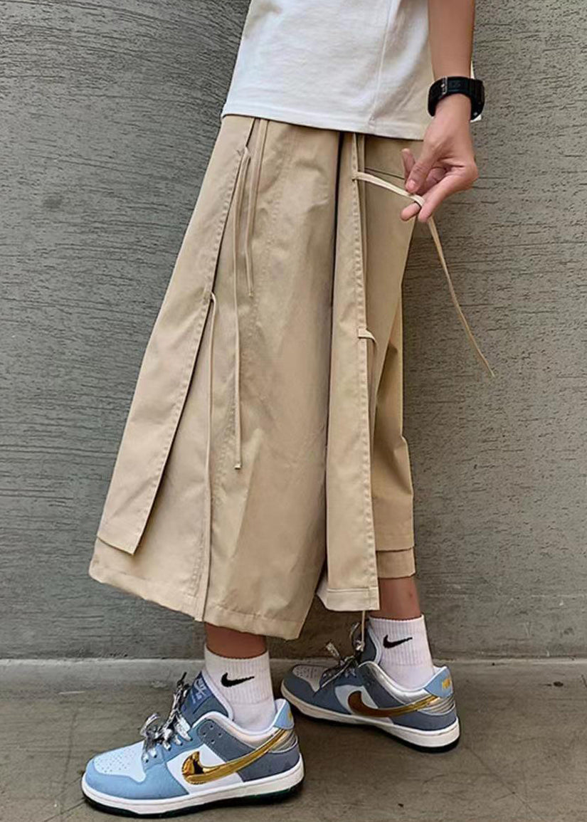 Original Khaki Lace Up False Two Pieces Cotton Crop Pants Summer
