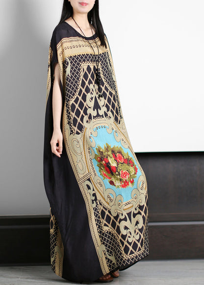 Original Loose Black O-neck Yellow Print Silk Maxi Dresses Batwing Sleeve
