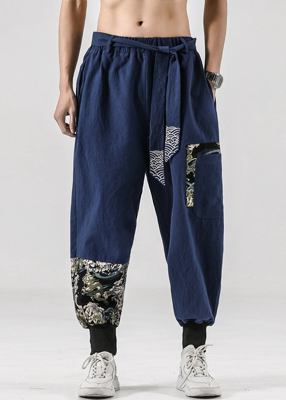 Original Navy Lace Up Pockets Cotton Crop Pants Summer