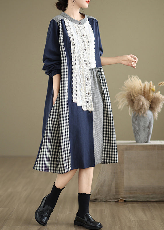 Original O-neck Lace Patchwork Plaid Long Dresses Fall