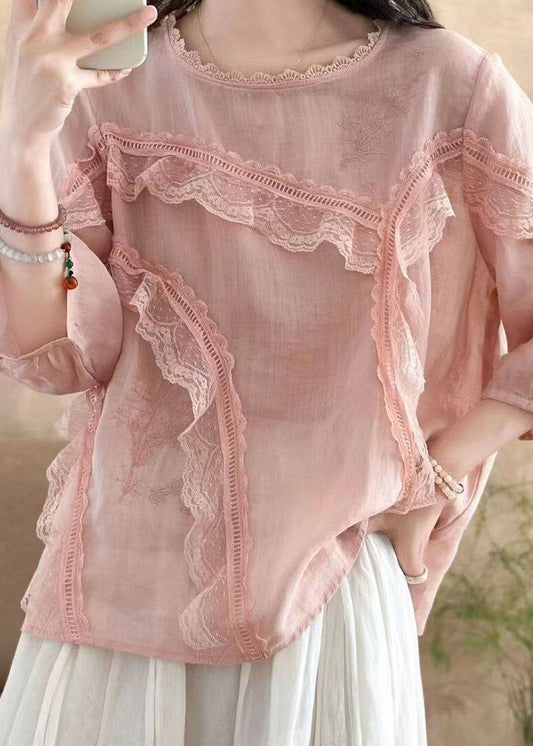 Original Pink Embroidered lace Patchwork Linen Shirts Fall