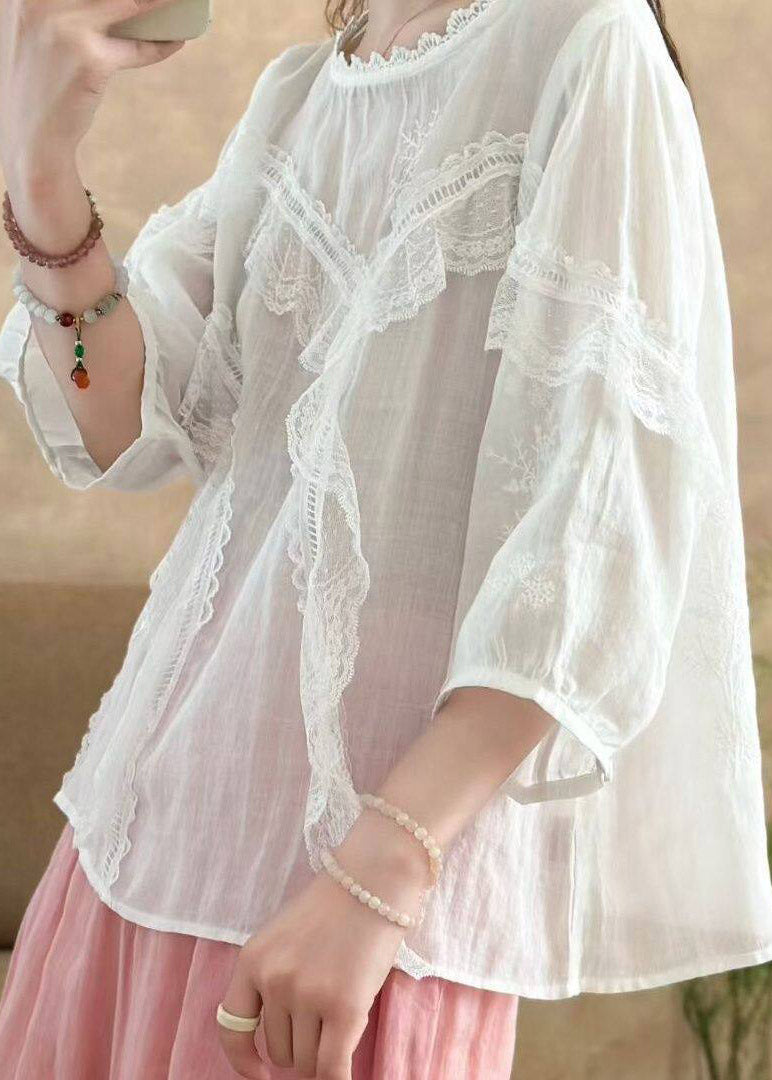 Original Pink Embroidered Lace Patchwork Linen Shirts Fall