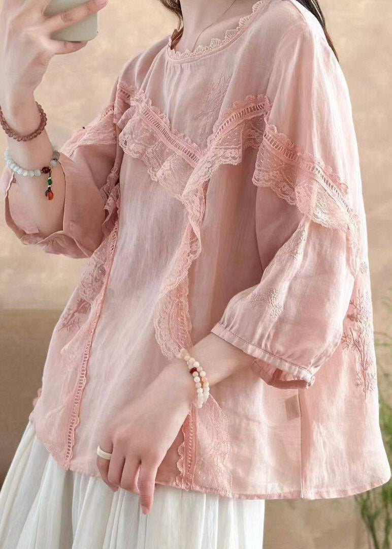 Original Pink Embroidered Lace Patchwork Linen Shirts Fall