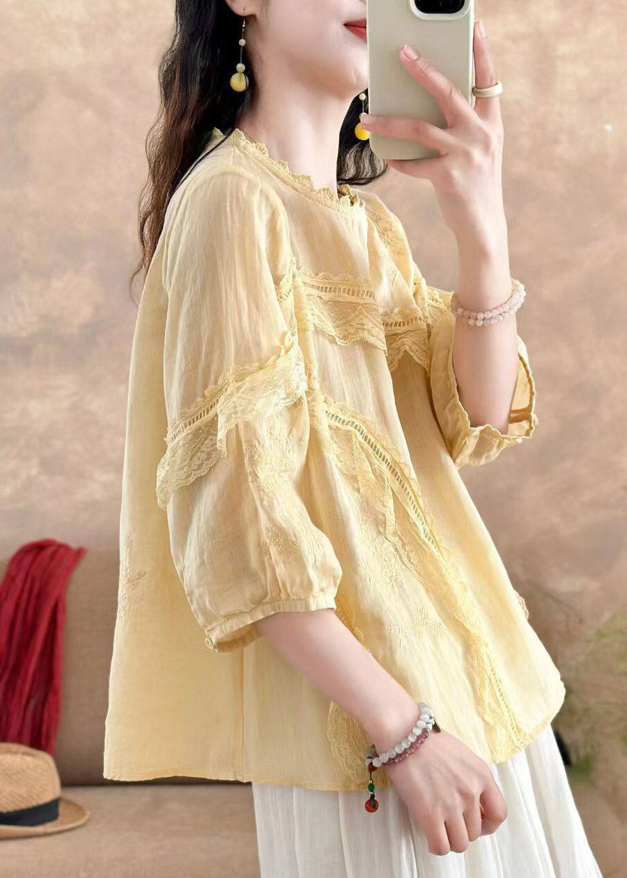Original Pink Embroidered lace Patchwork Linen Shirts Fall