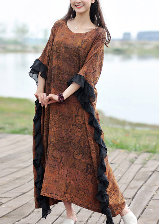 Original O-neck Ruffled Print Cotton Dresses Half Sleeve