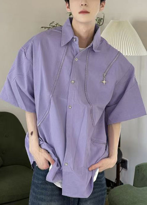 Original Purple Peter Pan Collar Zip Up Cotton Shirts Summer