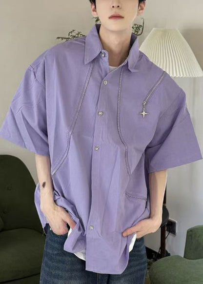 Original Purple Peter Pan Collar Zip Up Cotton Shirts Summer