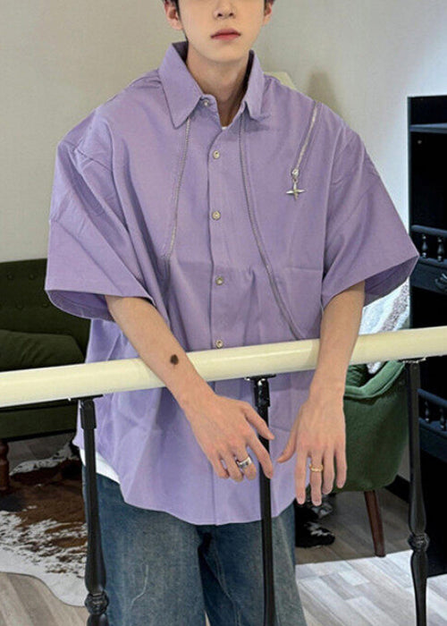 Original Purple Peter Pan Collar Zip Up Cotton Shirts Summer