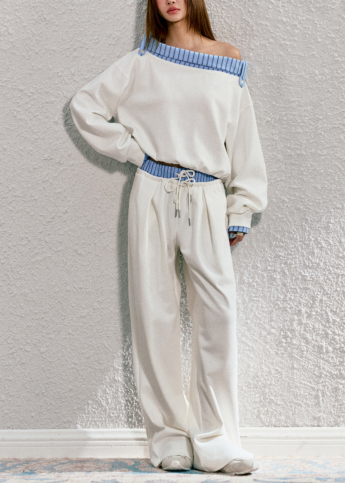 Original Striped Lapel Sloping Shoulder Sweatshirt and Pants Set Spring
