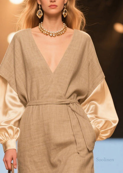Original V Neck Tie Waist Silk Patchwork Linen Dresses Spring
