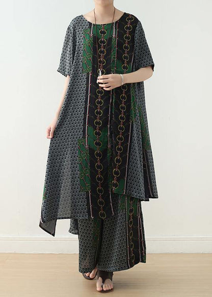 Original Green Print Irregular Silk Top T-shirt and Wide Leg Pants Two-piece Set