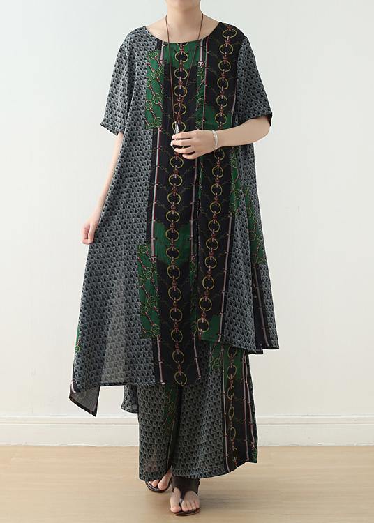 Original Green Print Irregular Silk Top T-shirt and Wide Leg Pants Two-piece Set