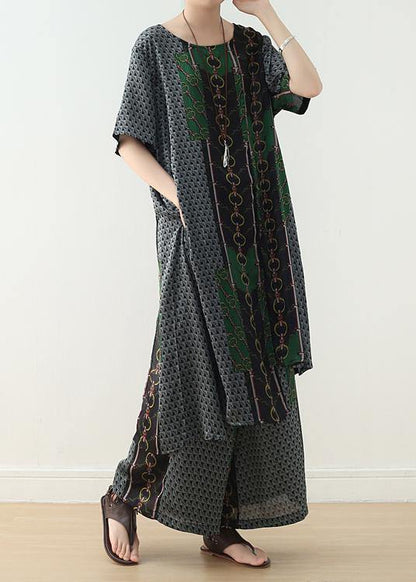 Original Green Print Irregular Silk Top T-shirt and Wide Leg Pants Two-piece Set