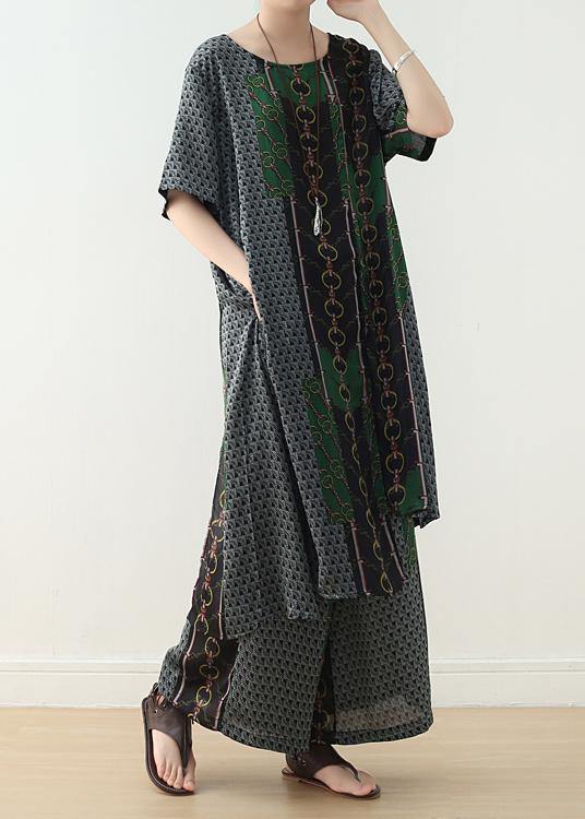 Original Green Print Irregular Silk Top T-shirt and Wide Leg Pants Two-piece Set