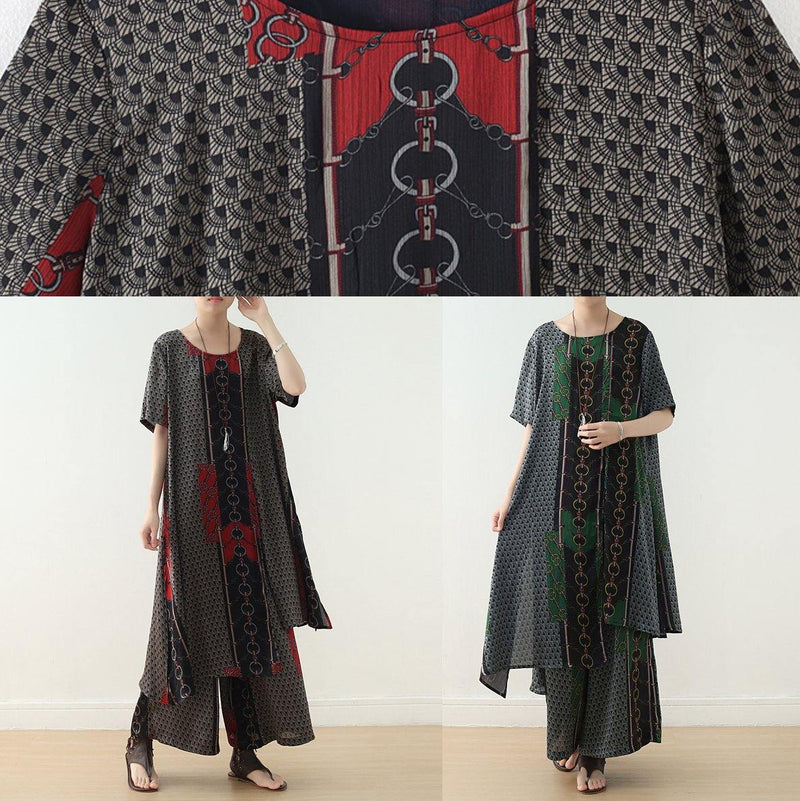 Original Green Print Irregular Silk Top T-shirt and Wide Leg Pants Two-piece Set