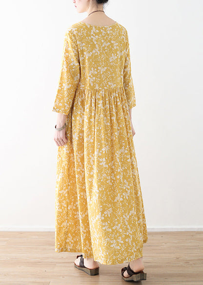 Original Yellow O-neck Wrinkled Print Loose Dresses Three Quarter Sleeve
