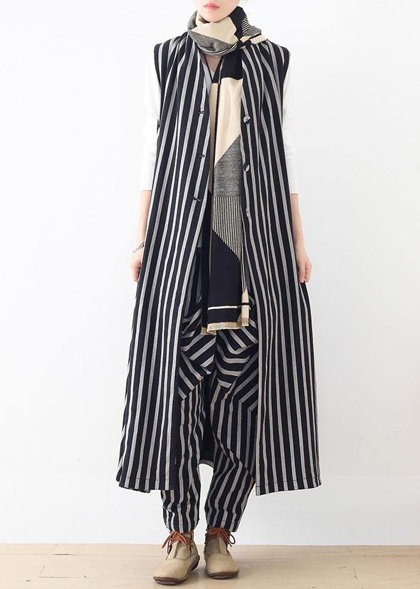 Original Design Loose Medium Length Beige Striped Vest Elastic Waist Breeches Suit
